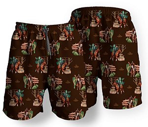 Short Masculino Country Bermuda Moda Praia Marrom Montaria Cavalos Campero
