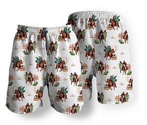 Short Masculino Country Bermuda Moda Praia Branco Montaria Cavalos Campero