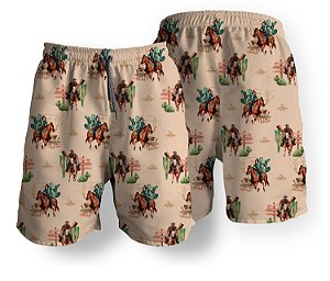 Short Masculino Country Bermuda Moda Praia Bege Montaria Cavalos Campero