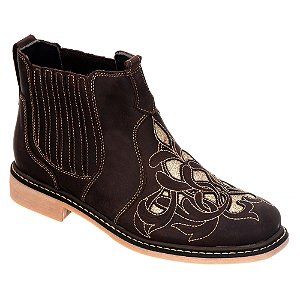 Botina Texana Feminina Botina bico redondo em Couro Fóssil Brown Detalhe Lazer bordado Ref 773