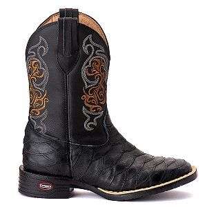 Bota Texana Escamada Preto Masculina Couro bico quadrado Rodeio Cano alto Ref 835