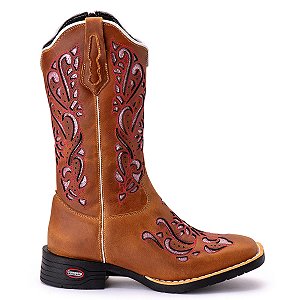 Bota Texana Couro Zíper Lateral Bordado Laser Floral