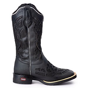 Bota Texana Couro Zíper Lateral Bordado Laser Preto 0734