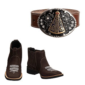 Kit Bota Feminina Pantaneira Bordado Branco Ref-763 + Cinto Nossa Senhora Ref-2878