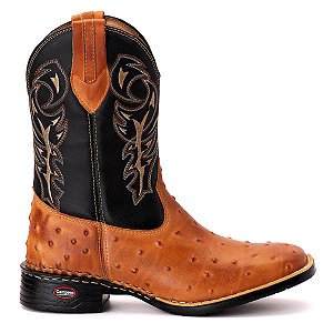 Bota Texana Couro Avestuz bico quadrado Peão Rodeio Latego Whisky 806