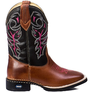 Bota Texana Feminina Cowgirl Em Couro Liso Pinhão detalhe Rosa Ref 701