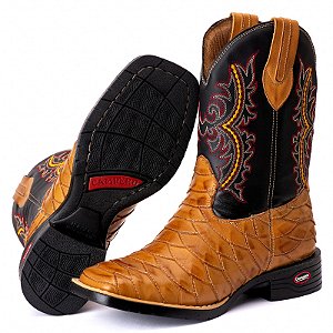 Bota Texana Escamada Em Couro Bico Quadrado Unissex Amarela Latego Whisky Ref 809