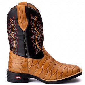 Bota Texana Escamada Em Couro Bico Quadrado Unissex Amarela Latego Whisky Ref 809