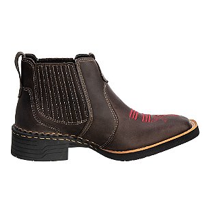 Bota Texana Feminina Botina Bico quadrado Brown bordado vermelho Ref 762
