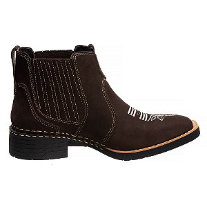 Bota Texana feminina Botina Veludo bico quadrado Nobuk Café / Bordado Branco Ref 763