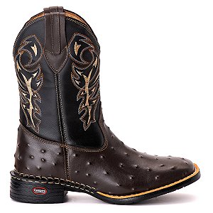 Bota Texana Couro Avestruz bico quadrado Rodeio marrom café Ref 806