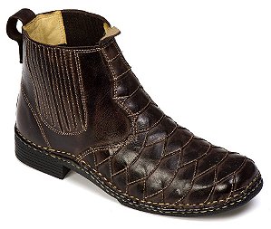 Bota Botina Escamada Masculina Cowboy cano baixo bico redondo elástico Leve e Confortável Marrom escuro Ref 104