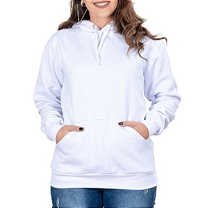 Blusa Moletom Feminino Branco Com Capuz e Bolso Canguru Sem estampa