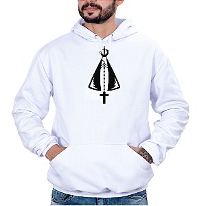 Blusa Moletom Nossa Senhora Aparecida Masculino Branco Country Com Capuz e Bolso Canguru