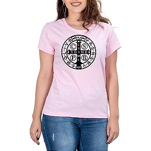 Camiseta Feminina Country Medalha de São Bento Manga curta Rosa Religião