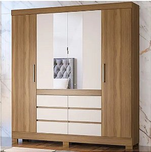 Guarda Roupa Casal 4 Portas, Espelho e 6 Gavetas Cádis - Amendoa off white
