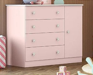 Cômoda infantil DOCE SONHO - 4 GAVETAS COM SAPATEIRA ROSA ACETINADO
