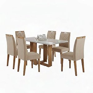 Conjunto de mesa HANA com 6 cadeiras Gol 1,60x80 MEL- OFF WHITE/BEGE
