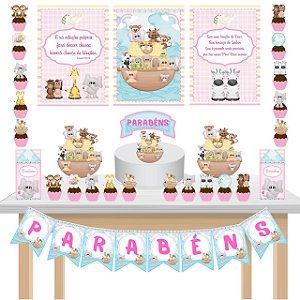 Kit Festa Fácil Kit Só Um Bolinho Arca de Noe Rosa Mêsversario Aniversário