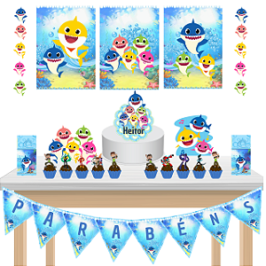 Kit Festa Fácil Kit Só Um Bolinho Baby Shark Azul Tubarões Mêsversario Aniversário