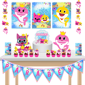 Kit Festa Fácil Kit Só Um Bolinho Baby Shark Rosa Tubarões Mêsversario Aniversário