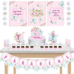 Kit festa fácil Kit Bolinho Básico Borboletas Aquarela Mêsversário Aniversário