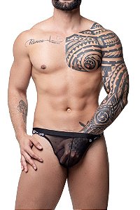 CUECA SLIP  E FIO DENTAL TULE PRETO ELASTICO PERNA DETALHADO