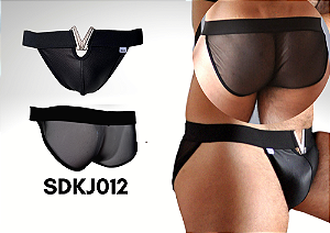 CUECA SEX EM COURO SINTÉTICO E TULE