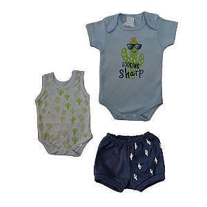 Conjunto de Verão Cacto Azul Claro, Marinho e Branco