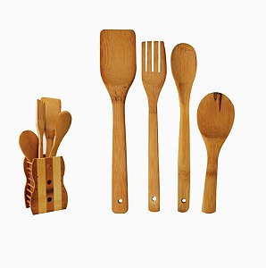 Utensílios de Bambu 4 peças com Suporte