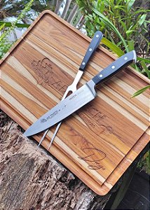 Conjunto Personalizado - Tábua de Corte para Churrasco 42x28x2cm com Faca & Garfo Brinox