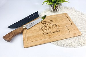 Kit para Churrasco - Tábua Bambu 32x20cm e Faca Artesanal 7 polegadas Personalizados