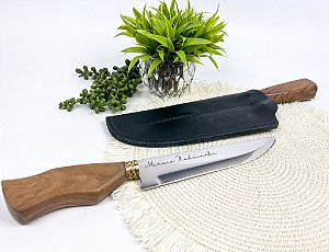 Faca Artesanal Inox com Garfo cabo de Madeira 8" Bainha Personalizada