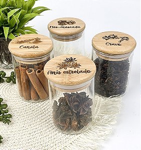 Kit Potes Herméticos 250ml Com Tampa de Bambu 4 Pçs Personalizados