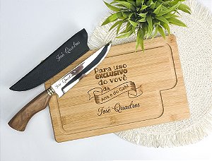Kit P/ Churrasco Tábua Bambu 32x20cm e Faca Artesanal 7" Personalizados - Dia dos Pais