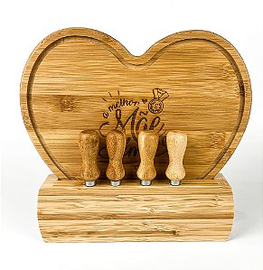Kit Para Queijo Bambu Formato Coração C/ Base 6 Pçs Personalizado - Mãe