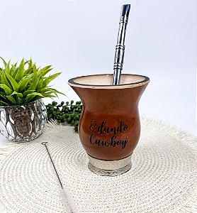 Kit Chimarrão Personalizado – Cuia de Porongo com Pé Metálico + Bomba de Aço Inox