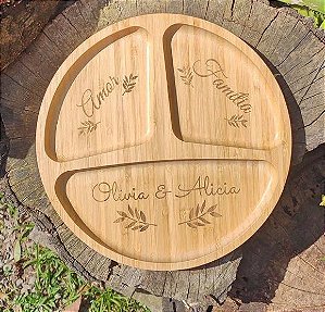 Petisqueira Redonda em Bambu com 3 divisórias Personalizada