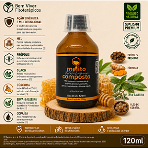 Melito Composto (Mel com Própolis Premium, Cúrcuma, Guaco, Erva-Baleeira e Copaíba) 120ml