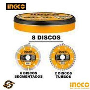 JOGO DE DISCOS DIAMANTADOS INGCO COM 08UNIDADES 06 SEGMENTADOS/ 02 TURBOS 4.1/2 POL (115MM X 22.2MM)