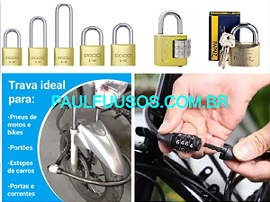 Cadeados c/ 2 chaves, c/ senha, haste longa, jogos c/ mesma chave e cabos p/ Bikes e Motos
