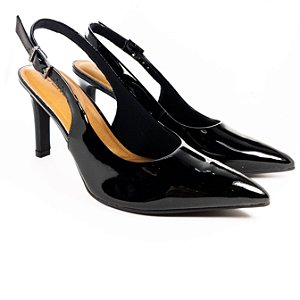Sapato Usaflex Slingback Couro Verniz Preto Bico Fino