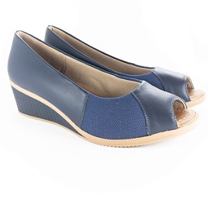 Sapato Usaflex Peep Toe Anabela Azul Marinho