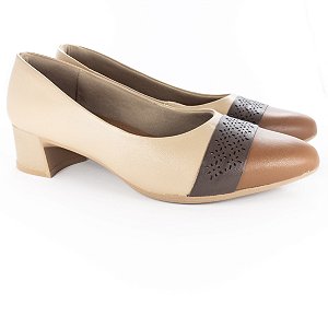Sapato Usaflex Salto Baixo Cor Marron Canela-Nude Blush