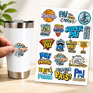 Cartela Adesivo DTF UV A4 - DIA DOS PAIS 9 - Para Personalizados, Lembrancinhas, Canecas, Copos, Garrafas e Presentes