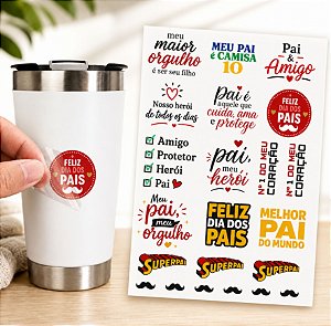 Cartela Adesivo DTF UV A4 - DIA DOS PAIS 7 - Para Personalizados, Lembrancinhas, Canecas, Copos, Garrafas e Presentes