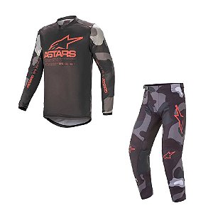Conjunto Calça + Camisa Alpinestars Racer Tactical 21 Cinza Camuflado/Vermelho Fluorescente