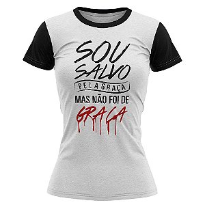 Camiseta feminina Jovem Sou salvo pela graça Branca - 016