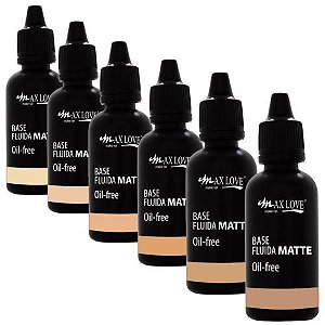 Base Fluida Matte Oil-Free Cores Claras e Médias 300 a 305 Max Love - Kit c/ 06 unid