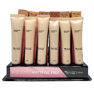 Base Líquida Matte Oil-Free Max Love Cores Médias 102 ao 111 – Box c/ 36 unid